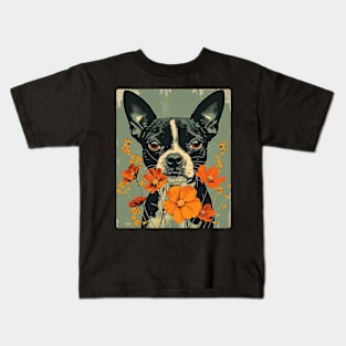 Boston Terrier Flowers Photo Art Design For Dog Onwer Kids T-Shirt